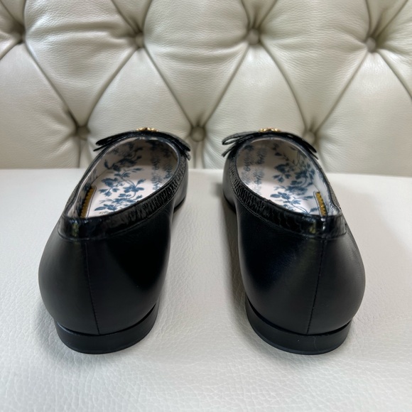 New in Box Gucci Black Leather Shoes Flats Ballerina 38 Python Bows - Picture 6 of 7